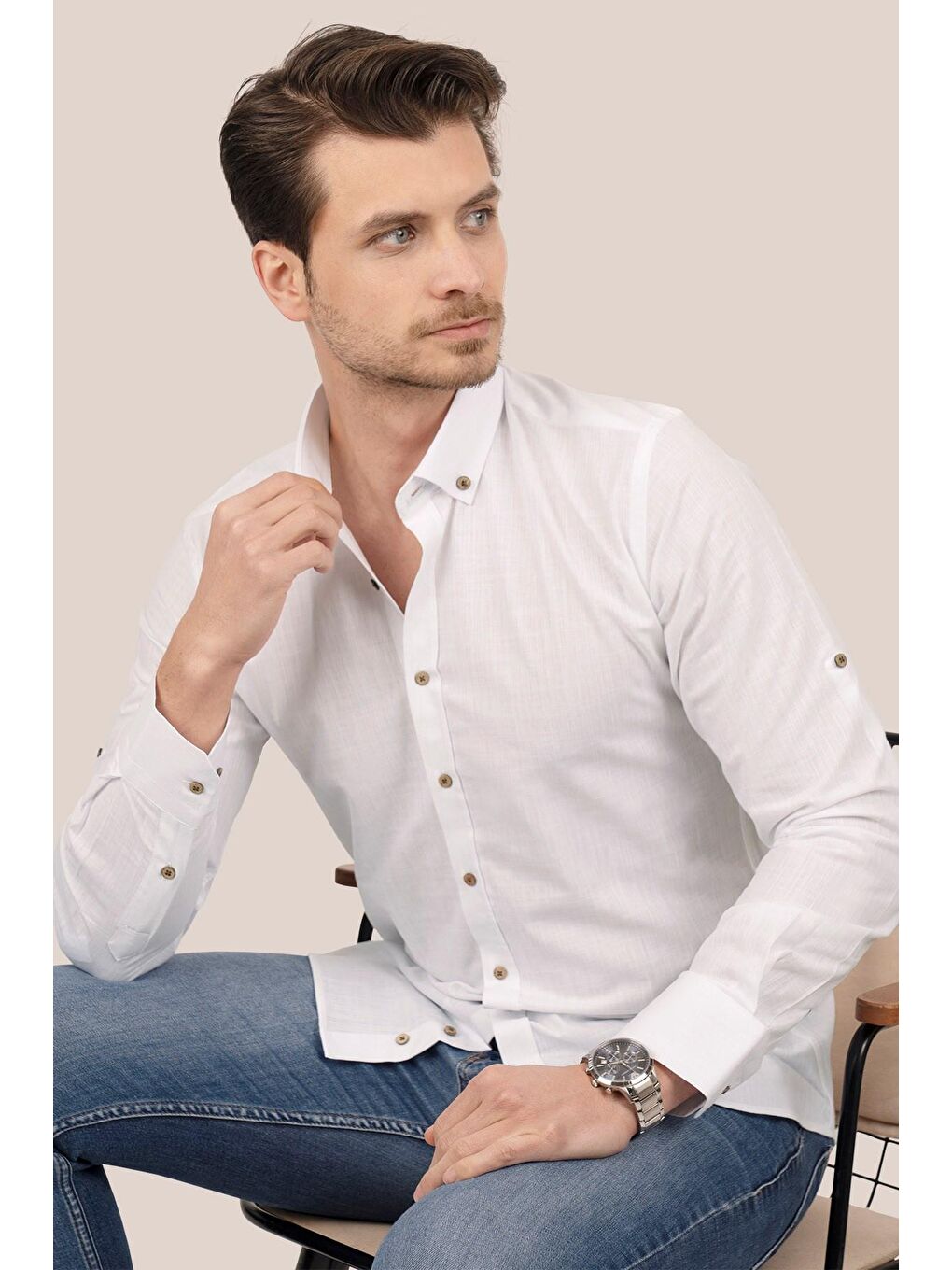 Etikmen Beyaz Yaka Düğmeli Keten Slimfit Erkek Gömlek - 2