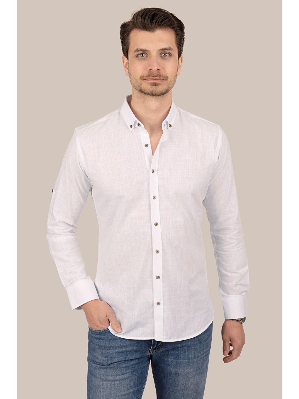 Etikmen Beyaz Yaka Düğmeli Keten Slimfit Erkek Gömlek - 4