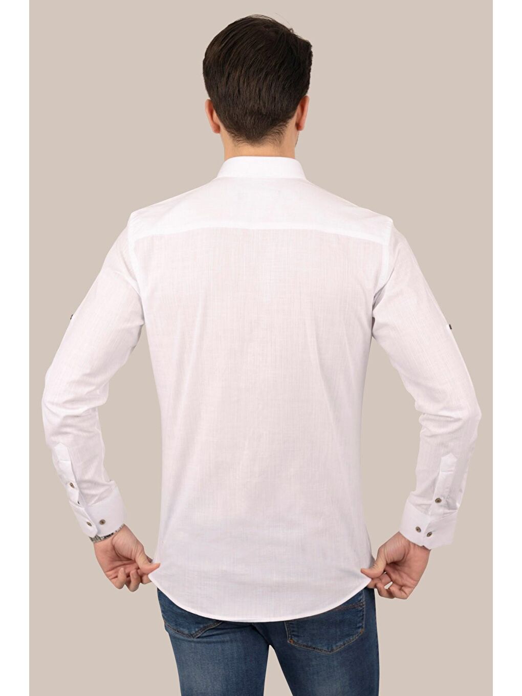 Etikmen Beyaz Yaka Düğmeli Keten Slimfit Erkek Gömlek - 6