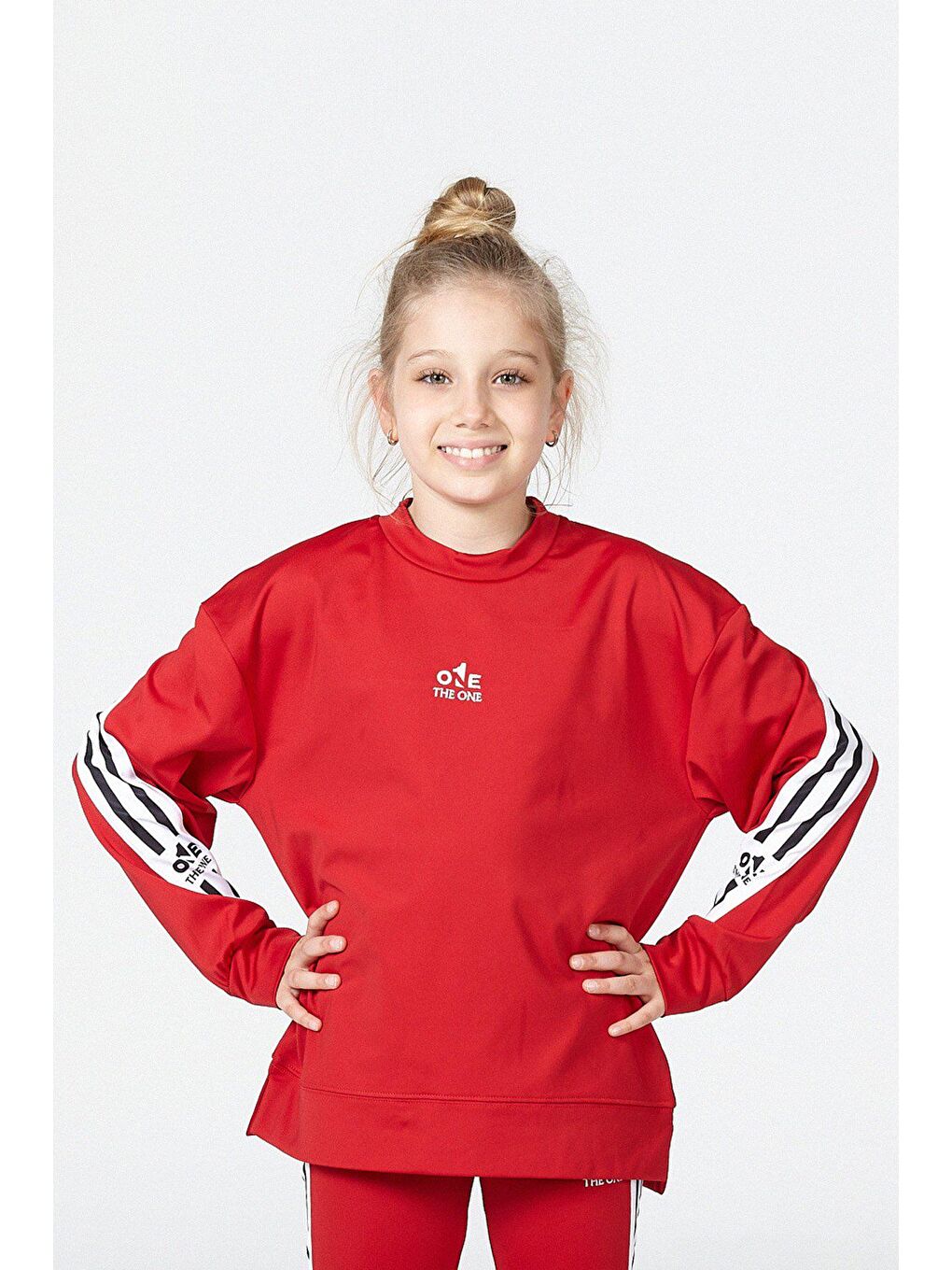 Kırmızı Kız Çocuk Baskı Detaylı Salaş Yırtmaçlı Şerit Detaylı Dalgıç Kumaştan Spor Tayt Sweat Takımı-4