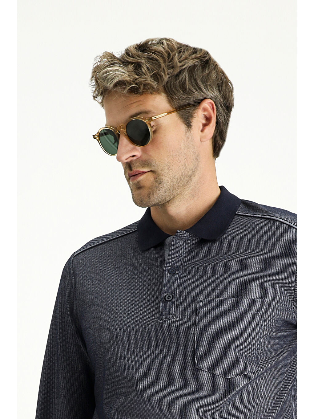 Lacivert Polo Yaka Regular Fit Desenli Sweatshirt-2