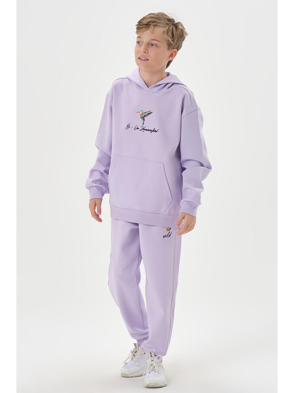 Lila Kapüşonlu Nakış Detaylı Erkek Çocuk Eşofman Takımı-2