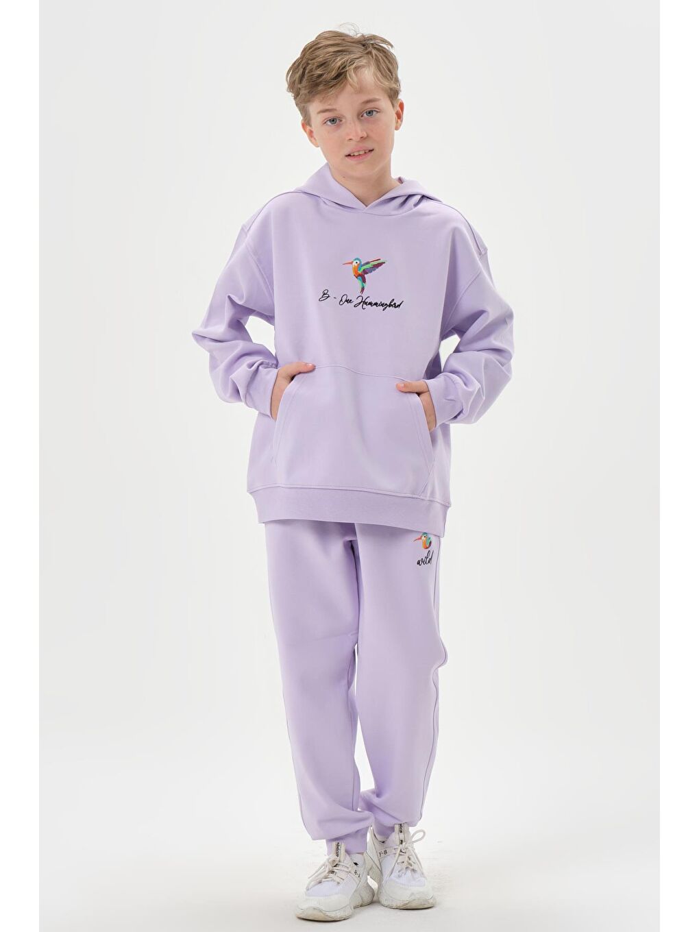 Lila Kapüşonlu Nakış Detaylı Erkek Çocuk Eşofman Takımı-3