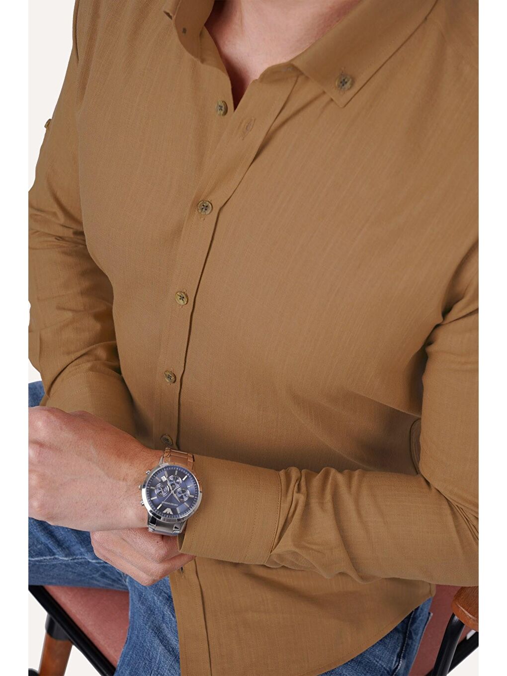 Kahverengi Taba Yaka Düğmeli Keten Görünümlü Slimfit Erkek %100 Pamuk Gömlek