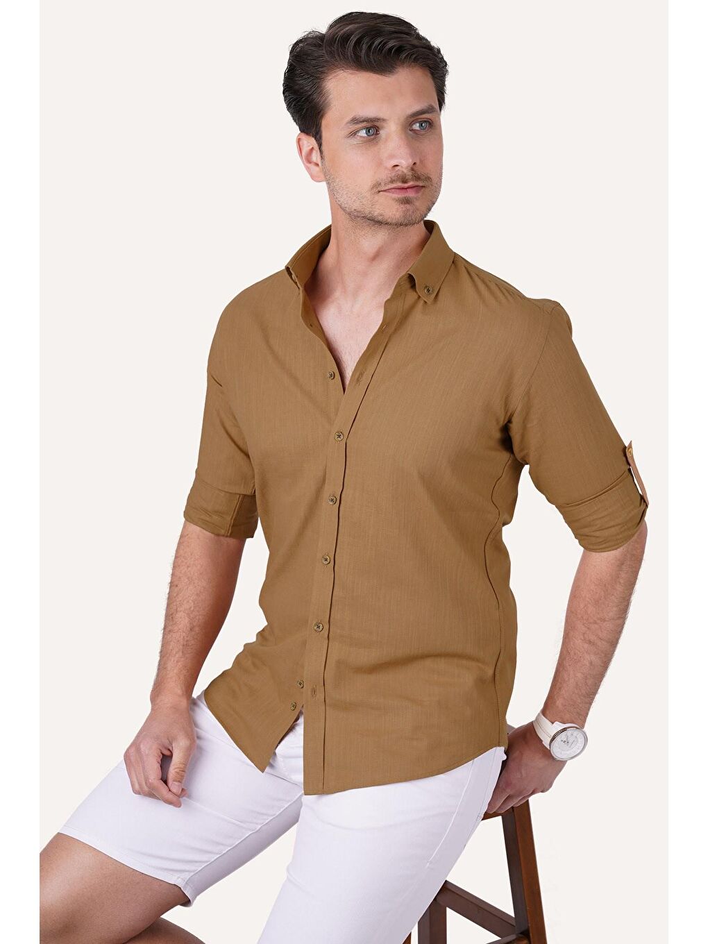 Kahverengi Taba Yaka Düğmeli Keten Görünümlü Slimfit Erkek %100 Pamuk Gömlek-1