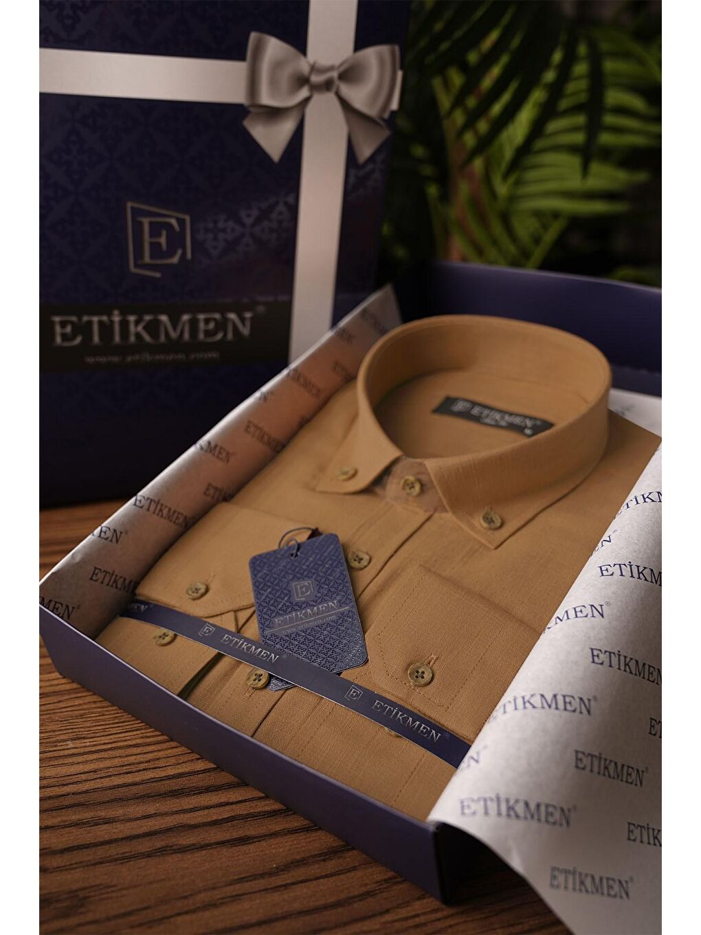 Kahverengi Taba Yaka Düğmeli Keten Görünümlü Slimfit Erkek %100 Pamuk Gömlek-3