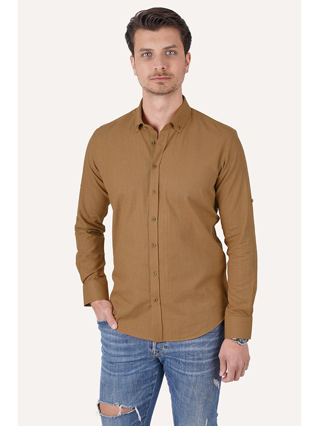 Kahverengi Taba Yaka Düğmeli Keten Görünümlü Slimfit Erkek %100 Pamuk Gömlek-4