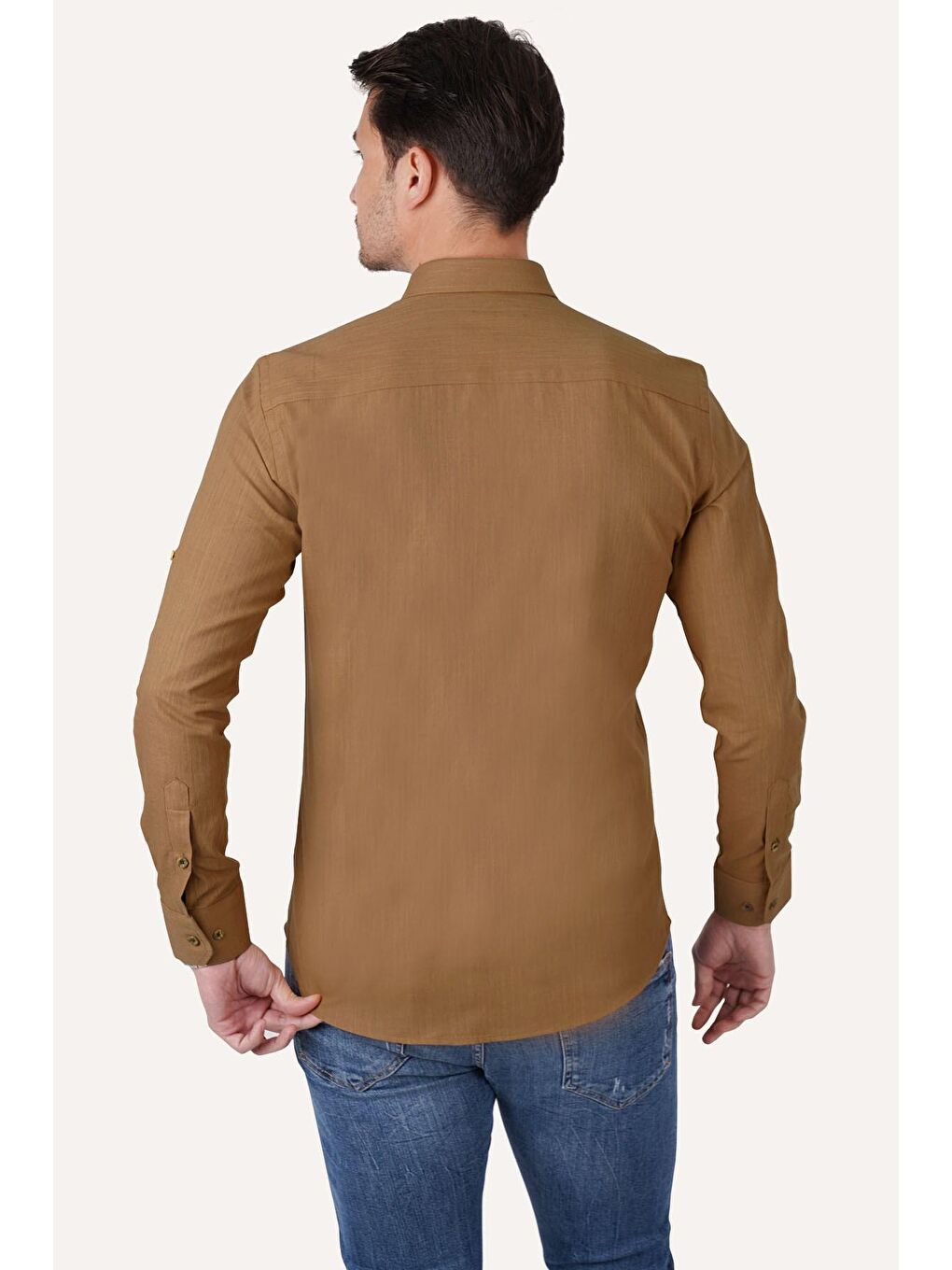 Kahverengi Taba Yaka Düğmeli Keten Görünümlü Slimfit Erkek %100 Pamuk Gömlek-6