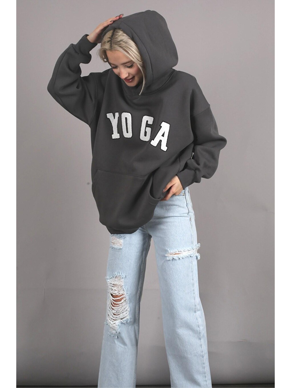 Gri Füme Nakışlı Oversize Kapüşonlu Sweatshirt Mg1580-1
