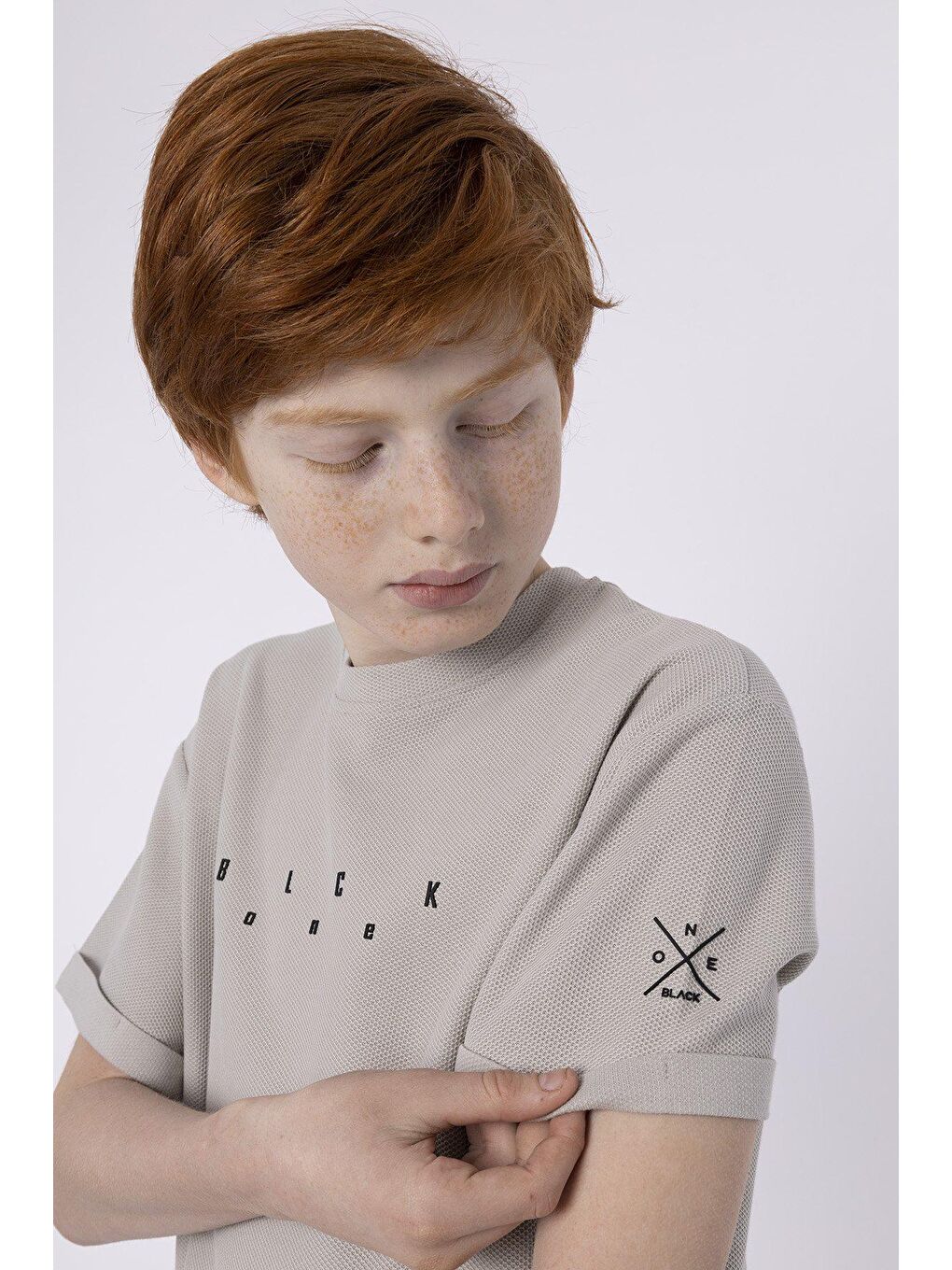 Gri Baskılı Cep Detaylı Erkek Çocuk Yazlık Bisiklet Yaka T-shırt-3