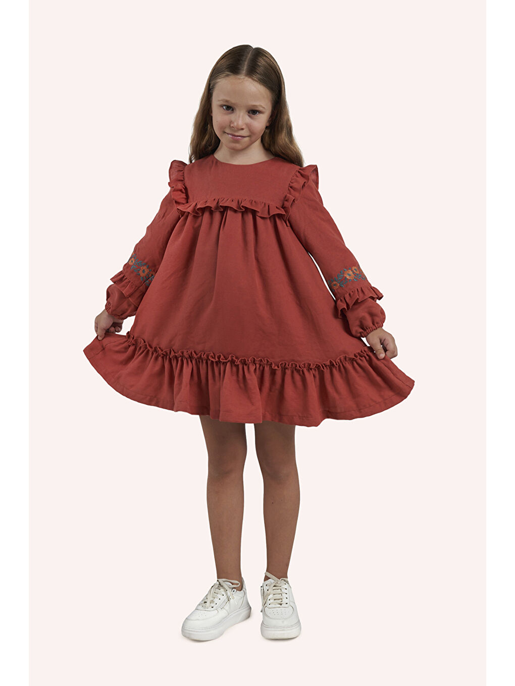 Kahverengi Kız Çocuk Fırfırlı Elbise-8