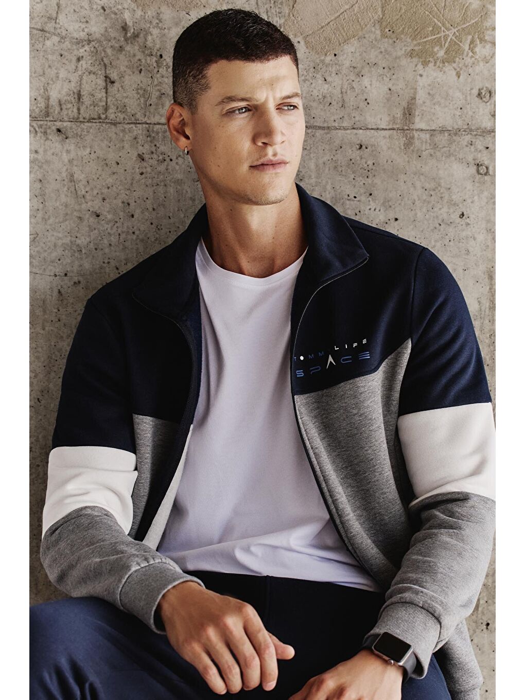 Gri Melanj - Lacivert Dik Yaka  Renk Geçişli İçi Polarlı Erkek Eşofman Takımı  - 85186