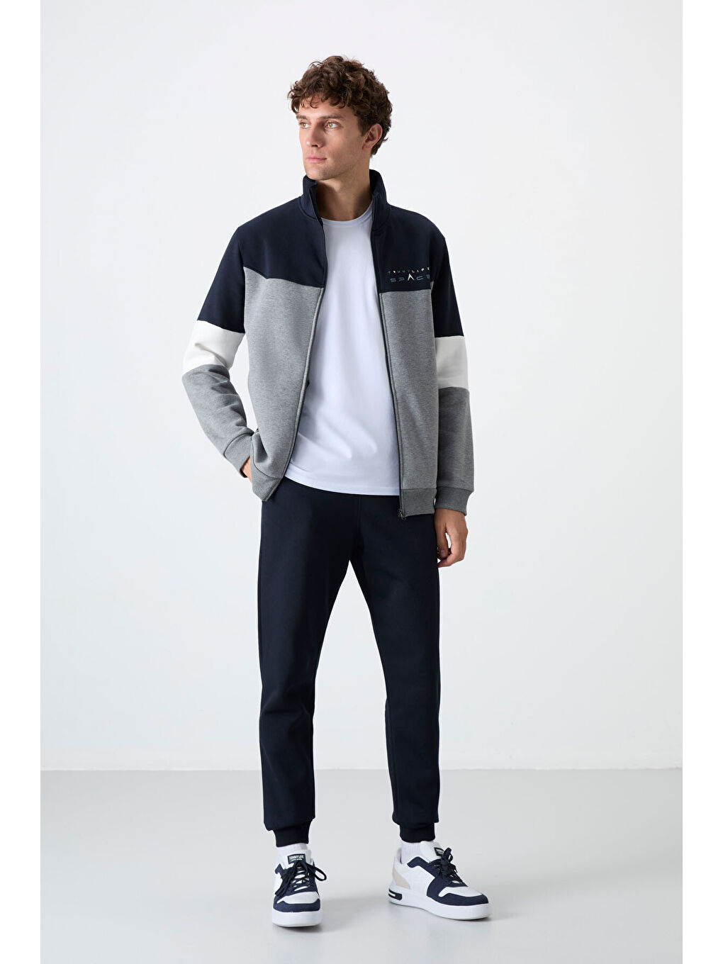 Gri Melanj - Lacivert Dik Yaka  Renk Geçişli İçi Polarlı Erkek Eşofman Takımı  - 85186-1