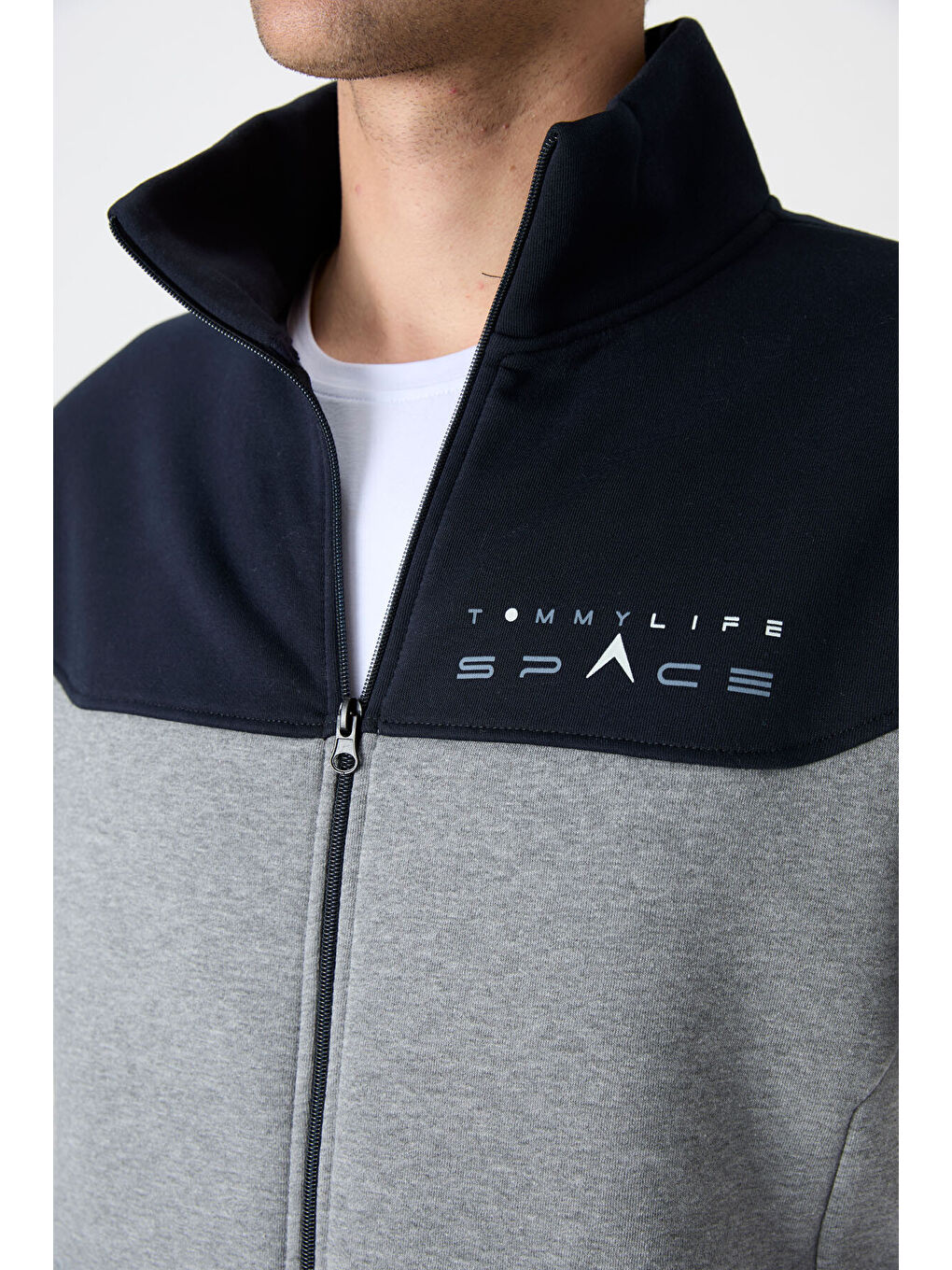 Gri Melanj - Lacivert Dik Yaka  Renk Geçişli İçi Polarlı Erkek Eşofman Takımı  - 85186-2