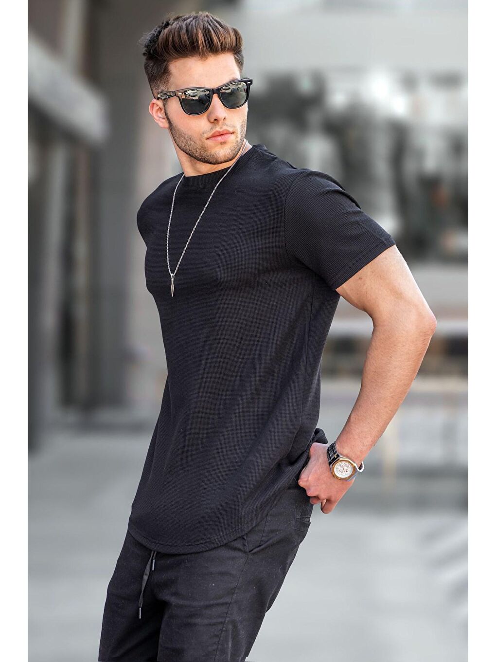 Siyah Waffle Kumaş Basic Tişört 5883