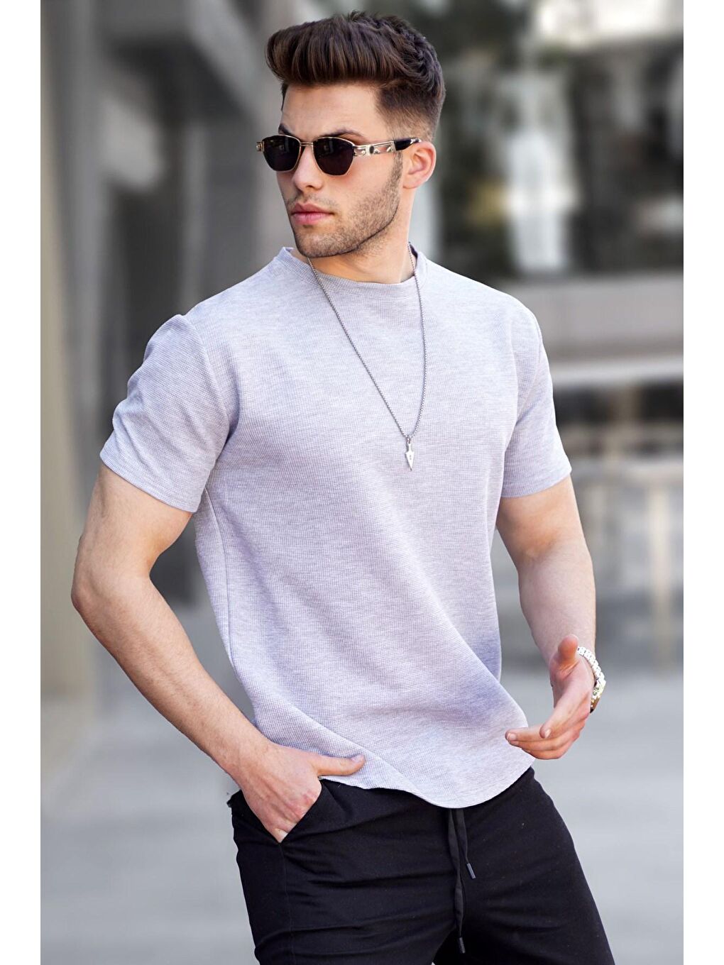 Gri Waffle Kumaş Basic Tişört 5883