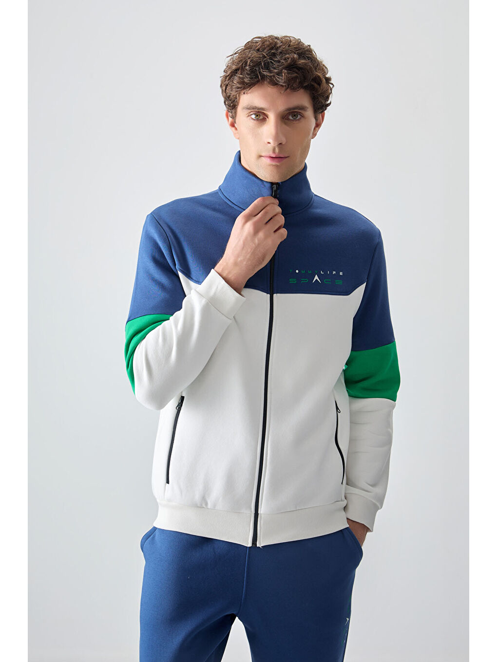 Lila Ekru - İndigo Dik Yaka  Renk Geçişli Baskı Detaylı Standart Kalıp Erkek Eşofman Takımı  - 85186-1