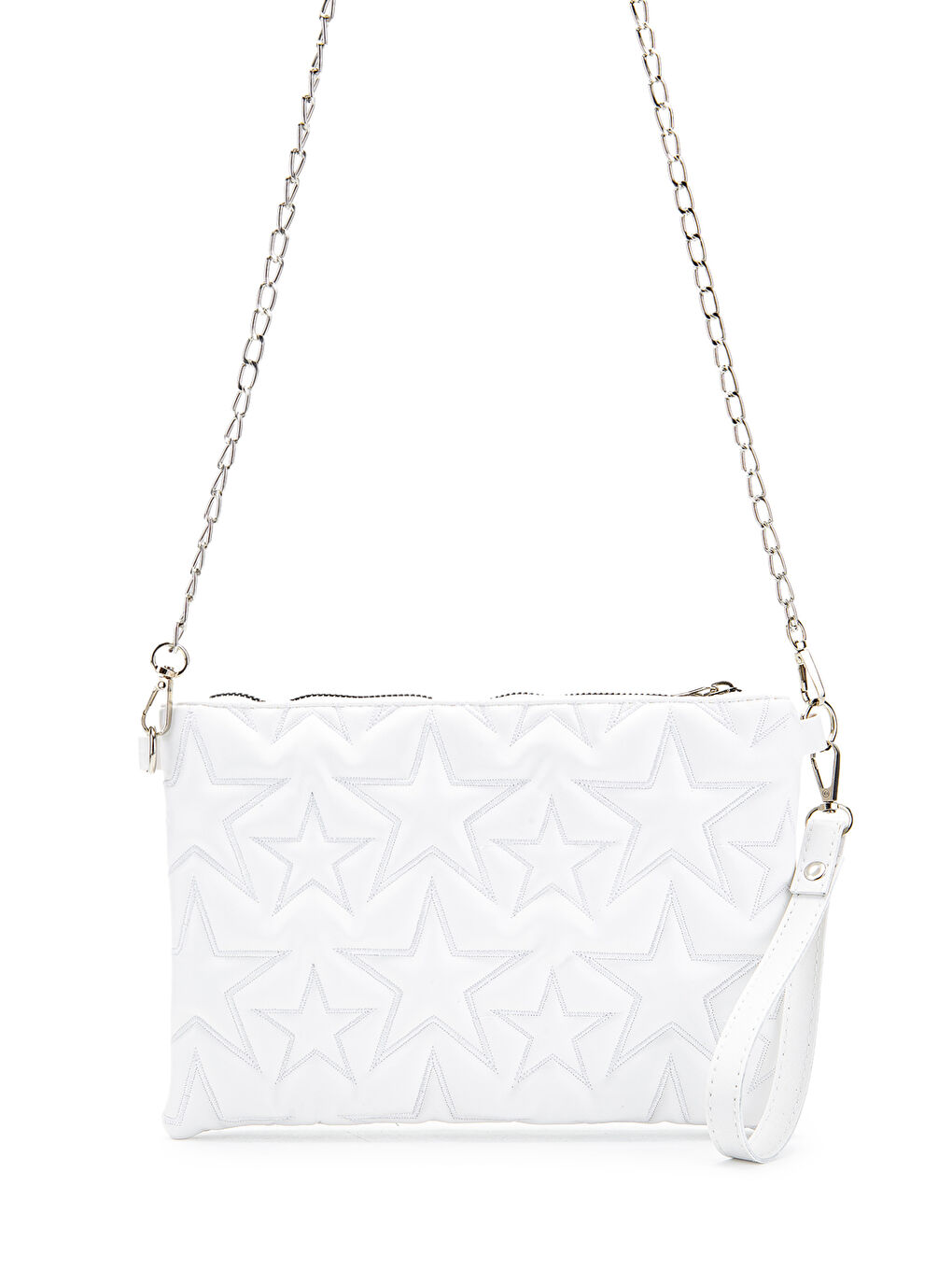 Yıldız Dikişli Clutch Suni Deri Star Kadın Çanta Beyaz-1