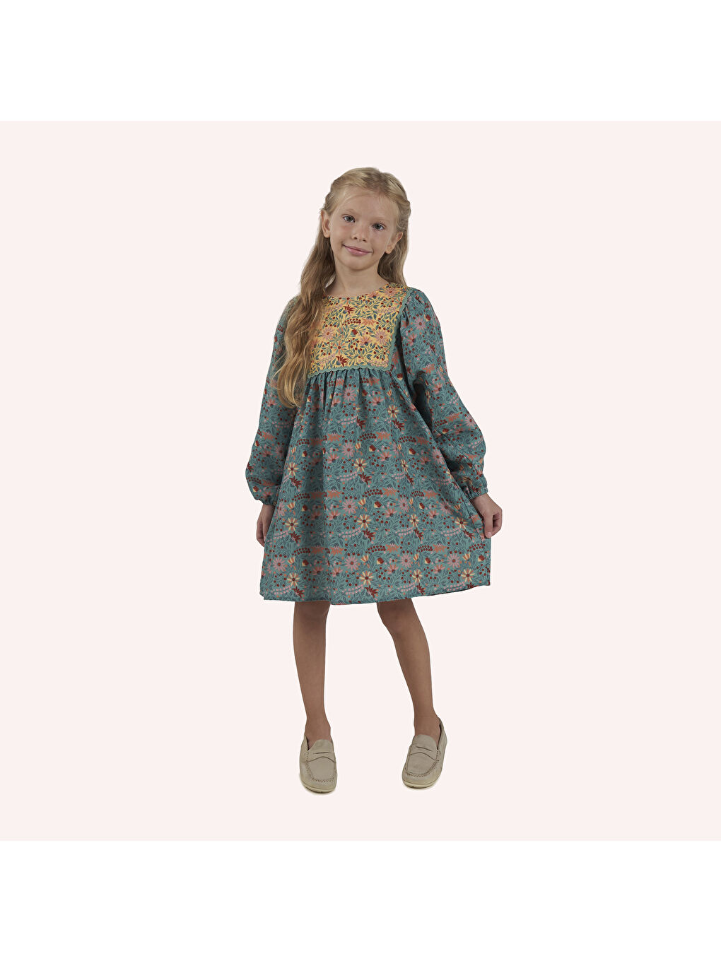 Yeşil Kız Çocuk Desenli Elbise-6