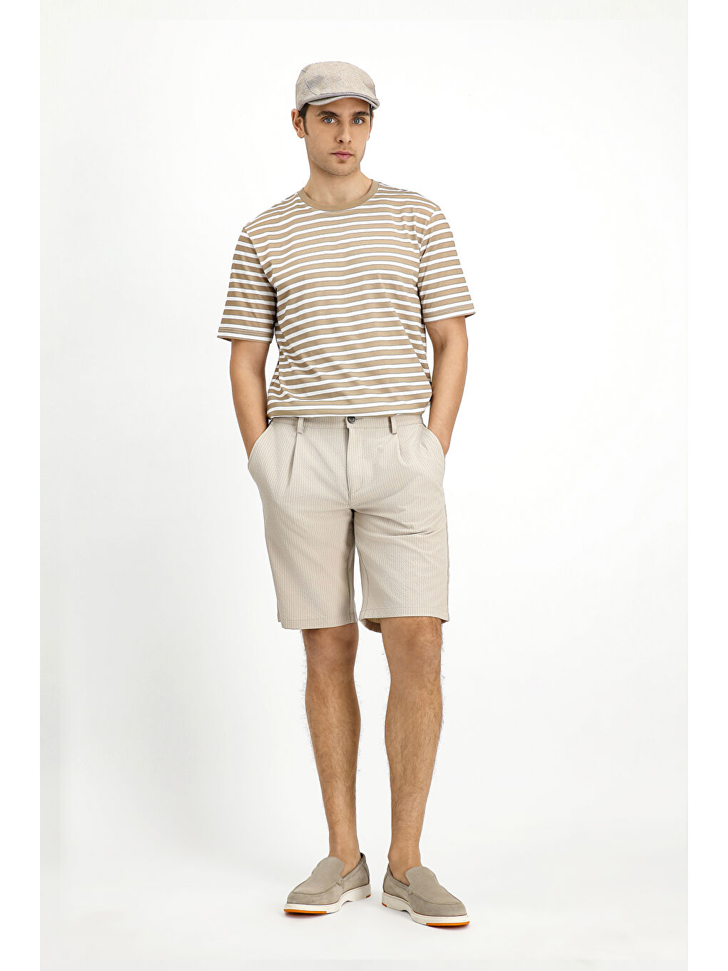 Bej Bisiklet Yaka Regular Fit Pamuk Çizgili Tişört-2