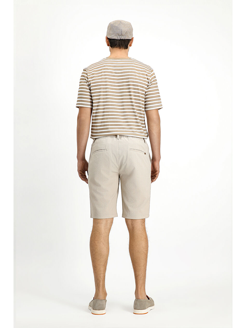 Bej Bisiklet Yaka Regular Fit Pamuk Çizgili Tişört-3