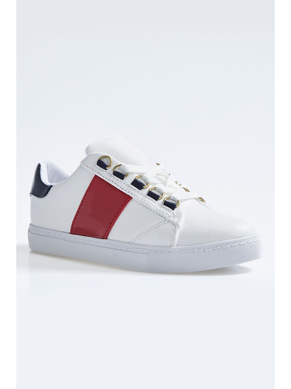 Beyaz - Lacivert Bağcıklı Şerit Detaylı Suni Deri Kadın Spor Ayakkabı - 89202-4