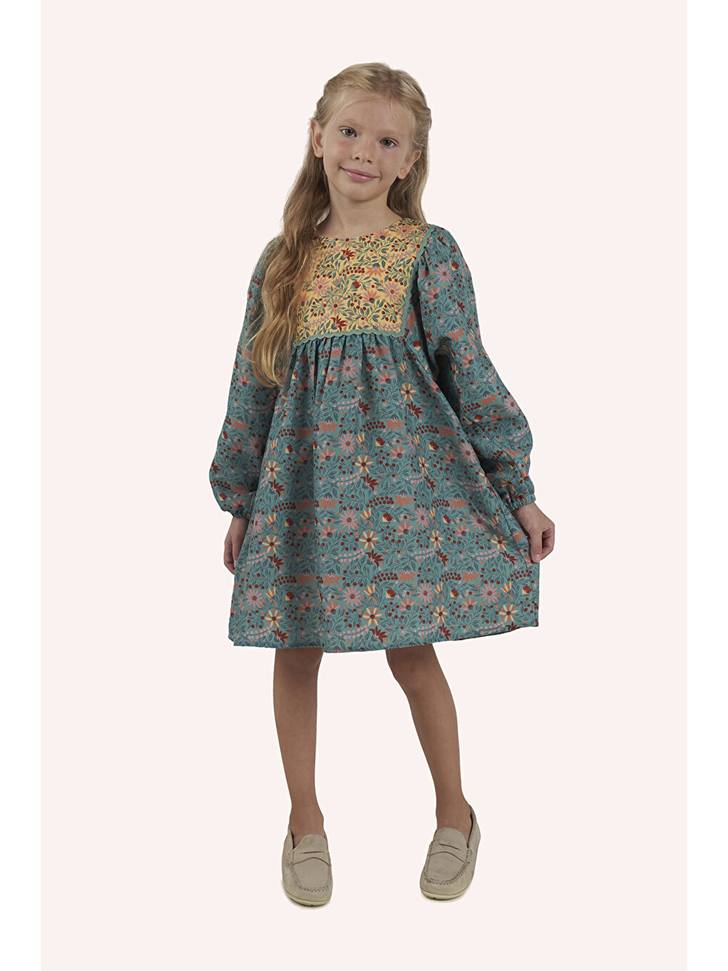 Yeşil Kız Çocuk Desenli Elbise-7