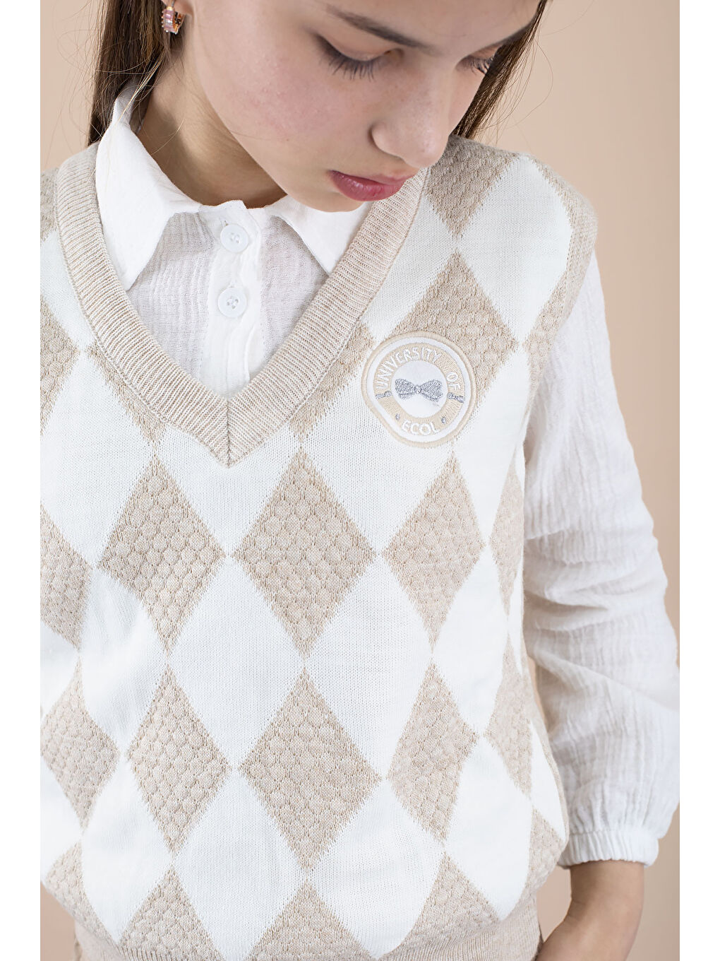 Bej Baklava Desenli Süveterli Gömlekli Kız Çocuk 3lü Takım 20533-2