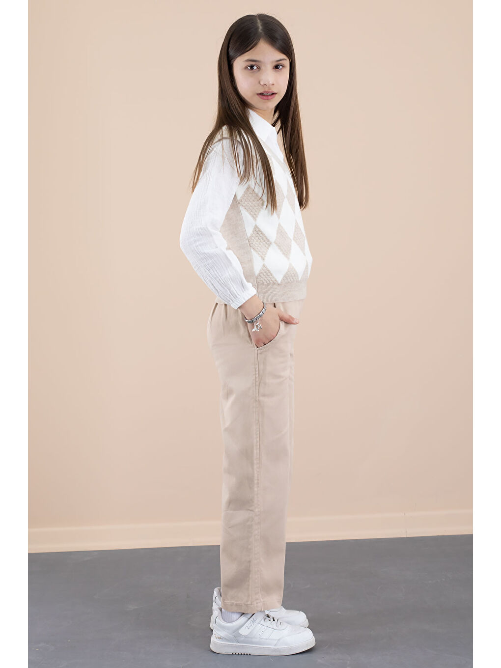 Bej Baklava Desenli Süveterli Gömlekli Kız Çocuk 3lü Takım 20533-3