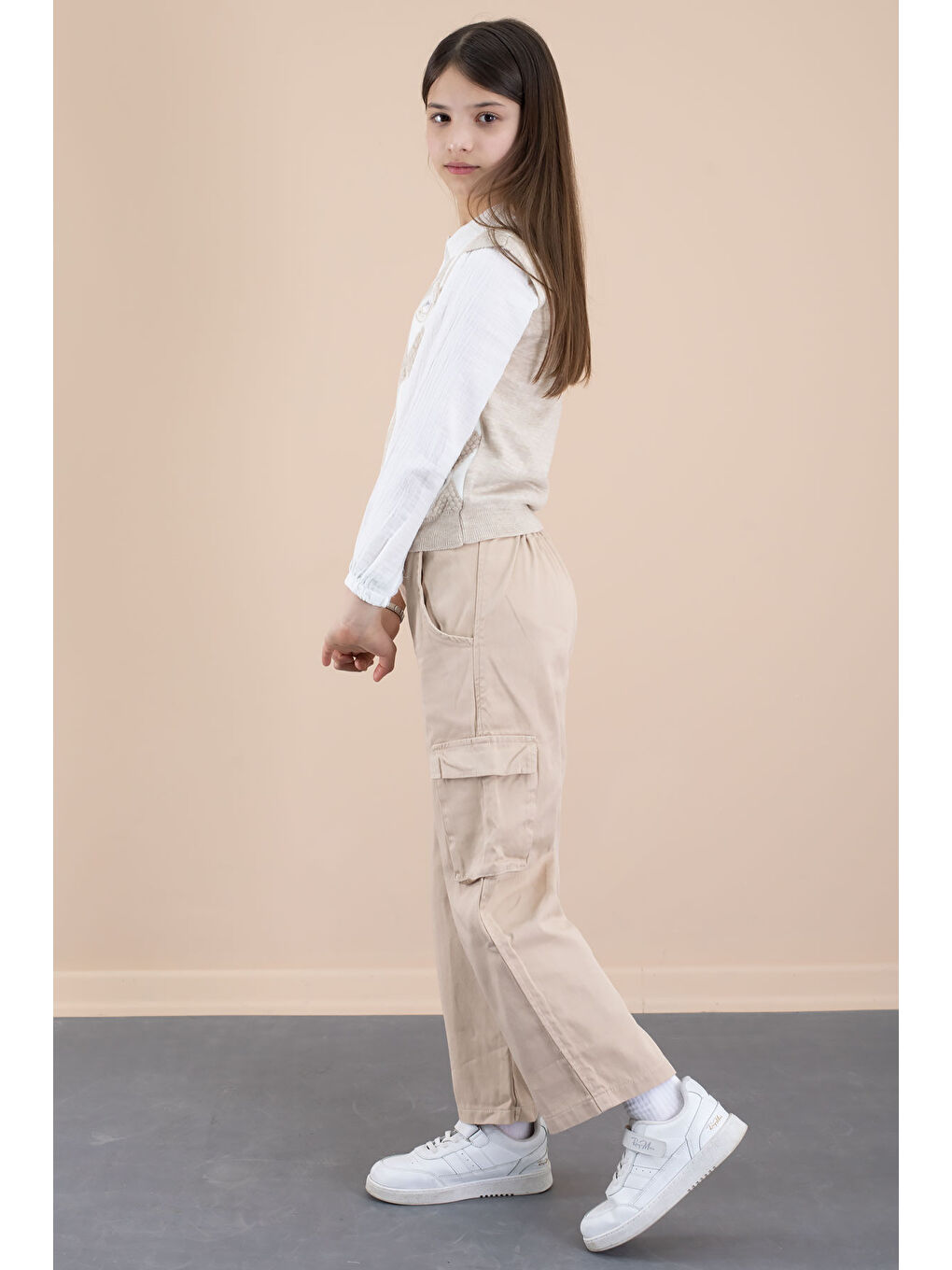 Bej Baklava Desenli Süveterli Gömlekli Kız Çocuk 3lü Takım 20533-4