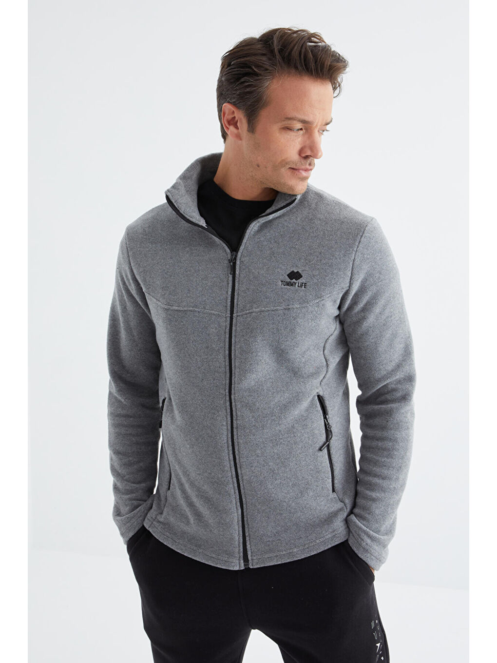 Gri Melanj  Dik Yaka Standart Kalıp Erkek  Fermuarlı Sweatshirt Polar - 88134