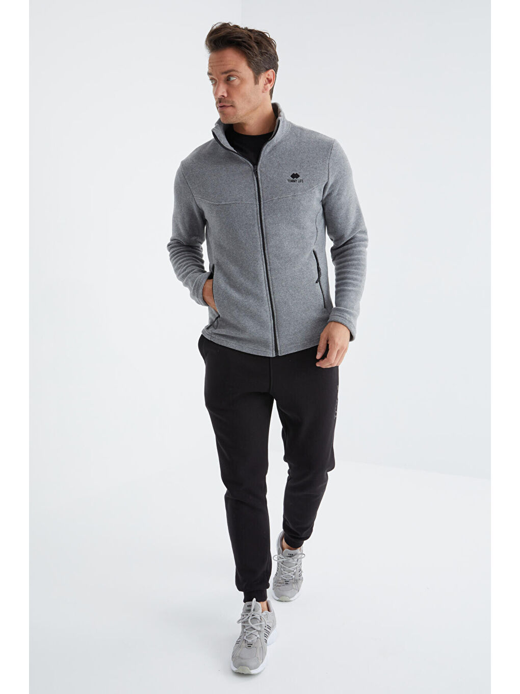 Gri Melanj  Dik Yaka Standart Kalıp Erkek  Fermuarlı Sweatshirt Polar - 88134-1