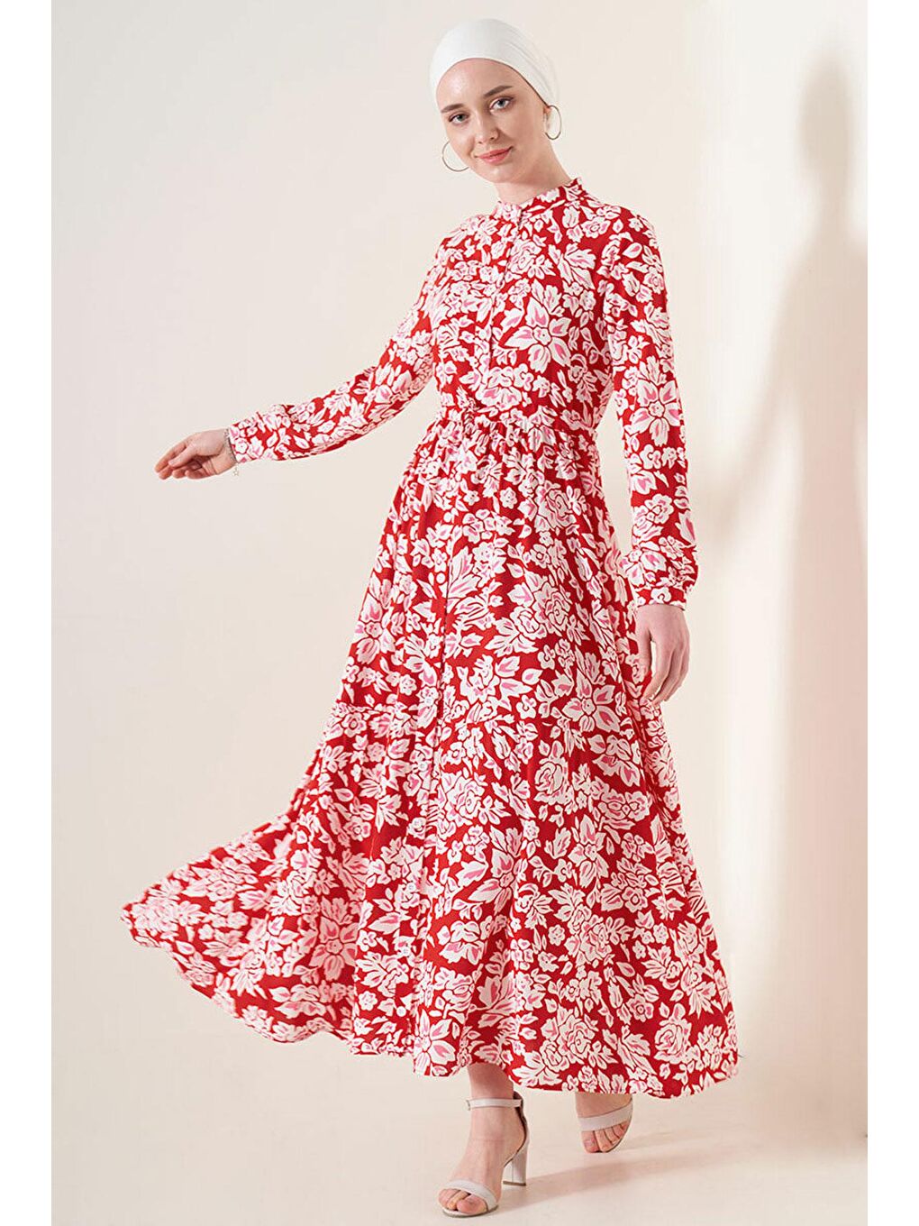 Kırmızı 2144 Hakim Yaka Tesettür Elbise - Nar