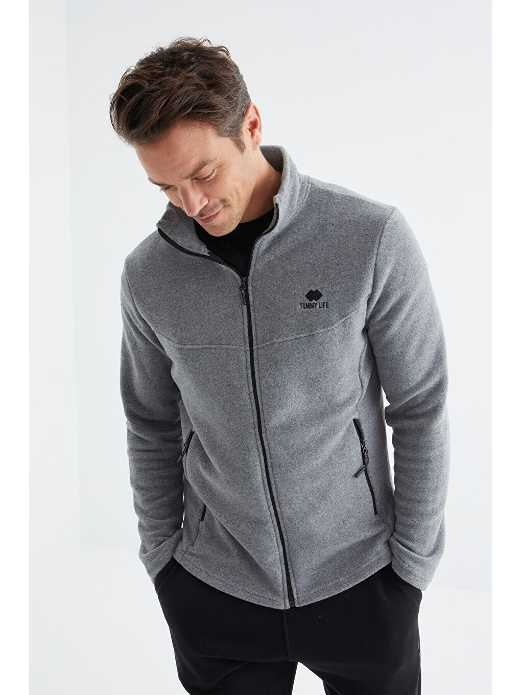 Gri Melanj  Dik Yaka Standart Kalıp Erkek  Fermuarlı Sweatshirt Polar - 88134-2