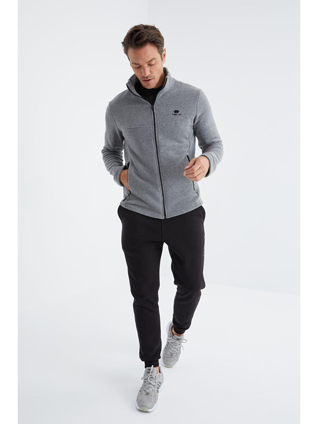 Gri Melanj  Dik Yaka Standart Kalıp Erkek  Fermuarlı Sweatshirt Polar - 88134-3