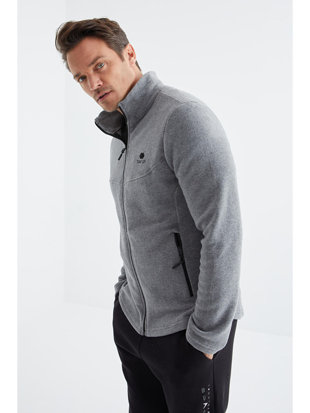 Gri Melanj  Dik Yaka Standart Kalıp Erkek  Fermuarlı Sweatshirt Polar - 88134-4