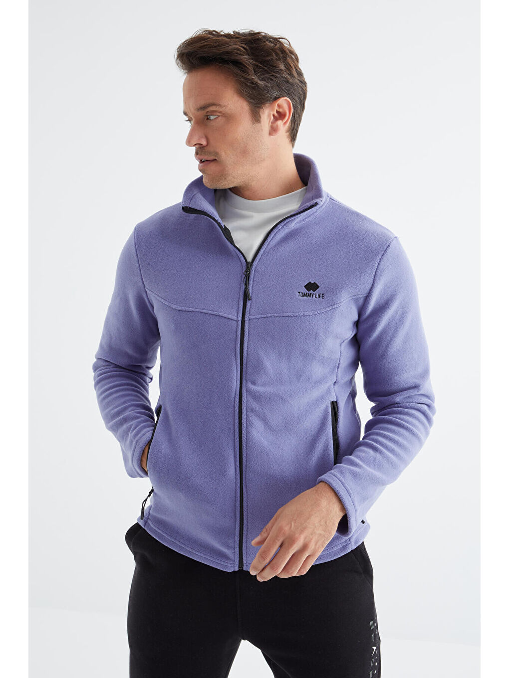Mor Açık Eflatun  Dik Yaka Standart Kalıp Erkek  Fermuarlı Sweatshirt Polar - 88134
