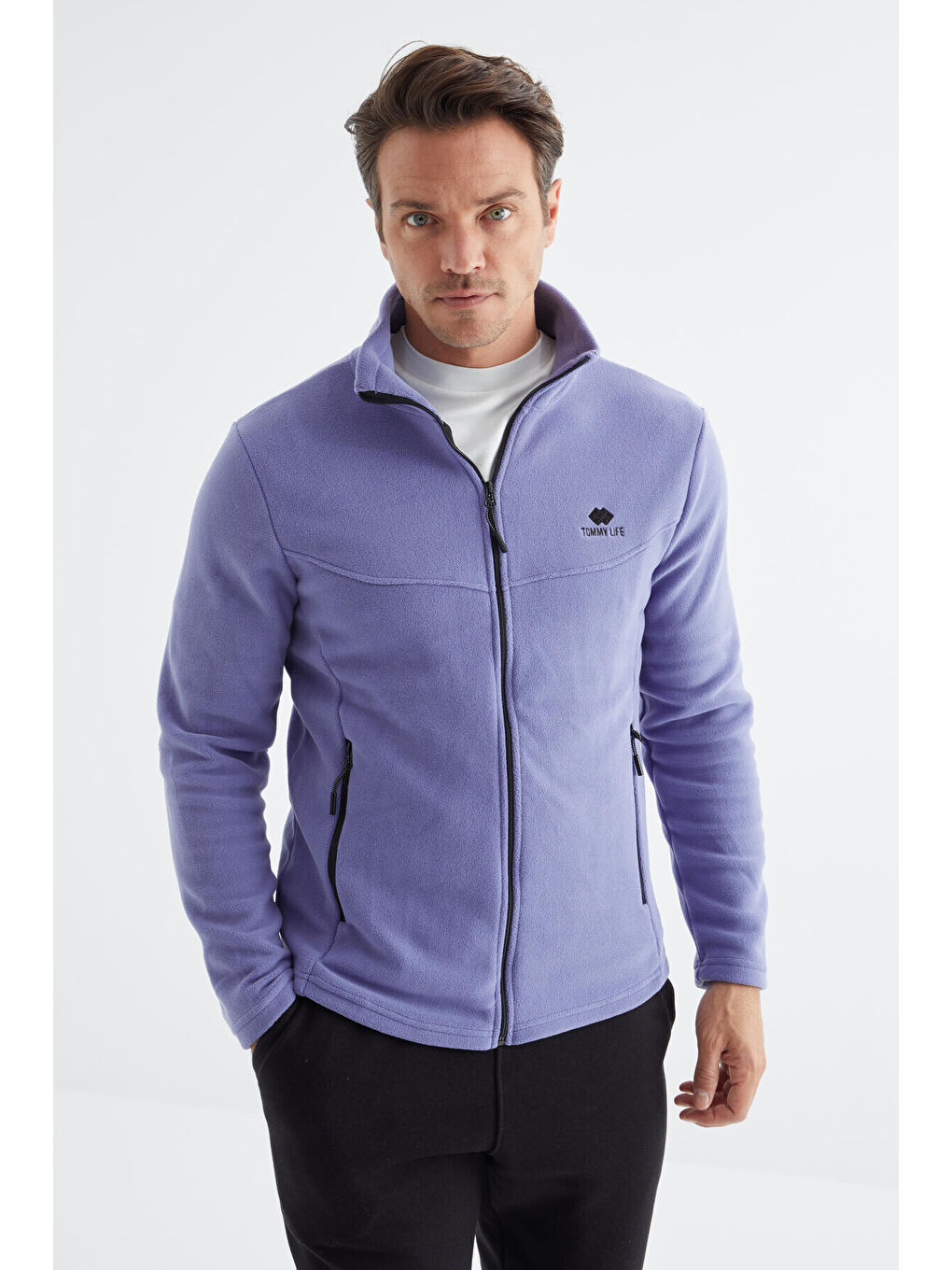 Mor Açık Eflatun  Dik Yaka Standart Kalıp Erkek  Fermuarlı Sweatshirt Polar - 88134-2