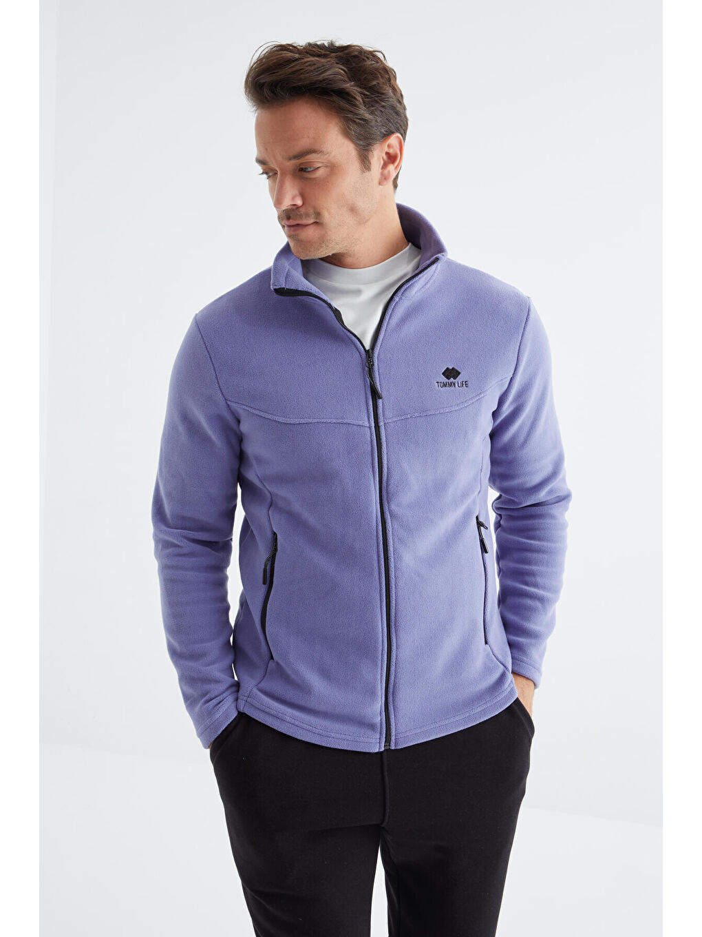 Mor Açık Eflatun  Dik Yaka Standart Kalıp Erkek  Fermuarlı Sweatshirt Polar - 88134-4