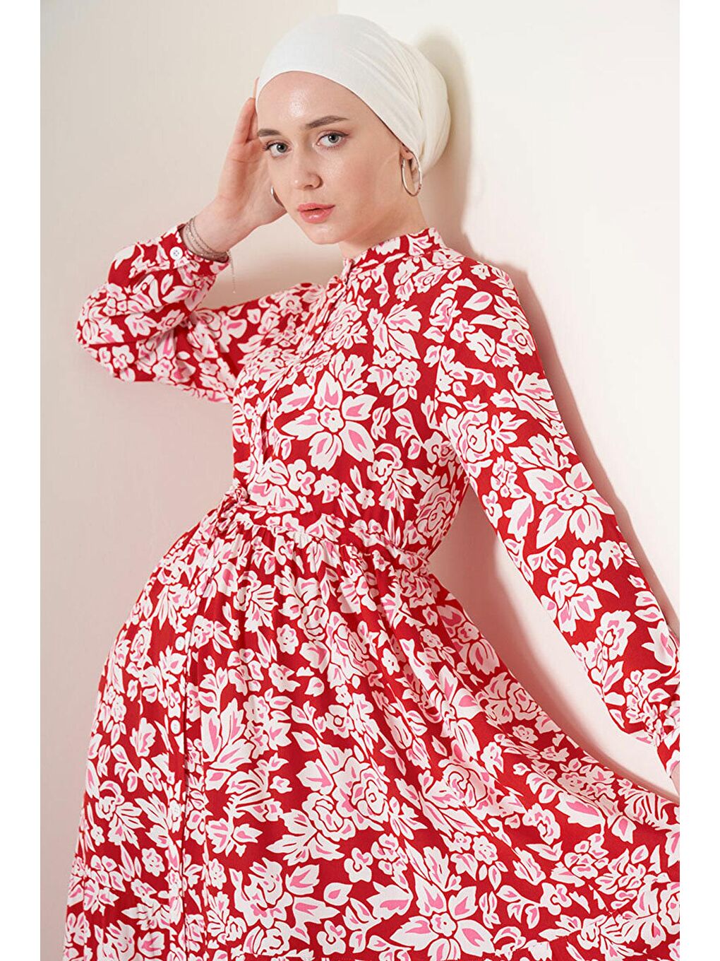 Kırmızı 2144 Hakim Yaka Tesettür Elbise - Nar-1