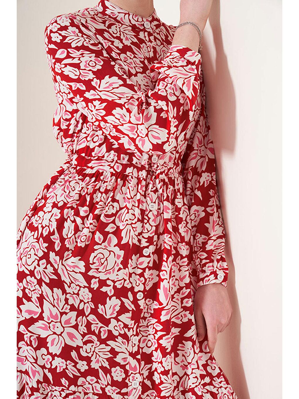 Kırmızı 2144 Hakim Yaka Tesettür Elbise - Nar-2