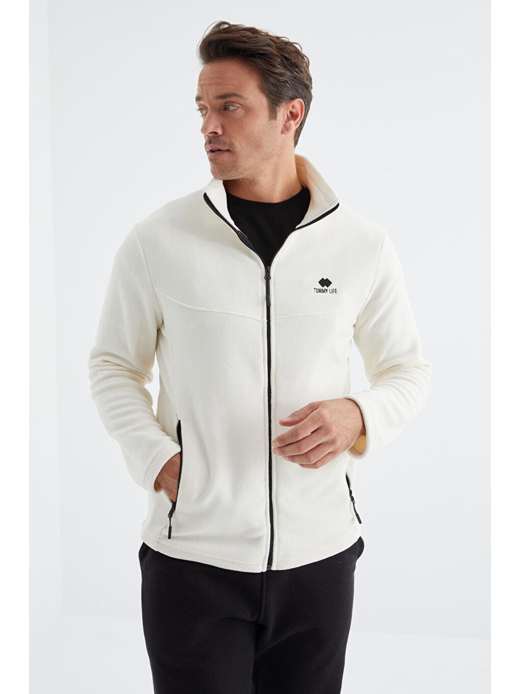 Ekru  Dik Yaka Standart Kalıp Erkek  Fermuarlı Sweatshirt Polar - 88134