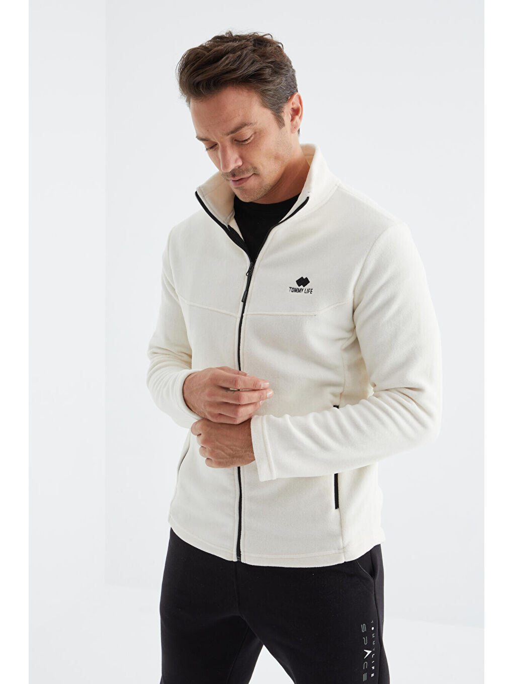 Ekru  Dik Yaka Standart Kalıp Erkek  Fermuarlı Sweatshirt Polar - 88134-2