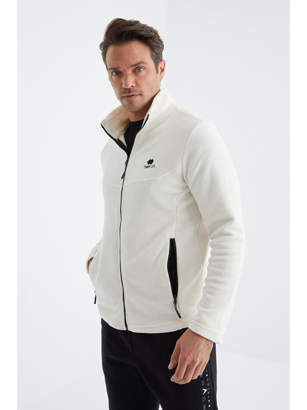 Ekru  Dik Yaka Standart Kalıp Erkek  Fermuarlı Sweatshirt Polar - 88134-4