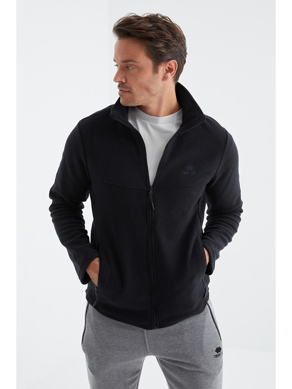 Lacivert  Dik Yaka Standart Kalıp  Erkek Fermuarlı Sweatshirt Hırka Polar - 88134