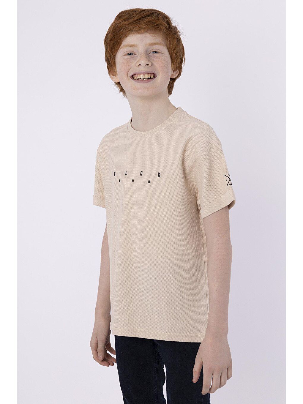 Bej Baskılı Cep Detaylı Erkek Çocuk Yazlık Bisiklet Yaka T-shırt-1