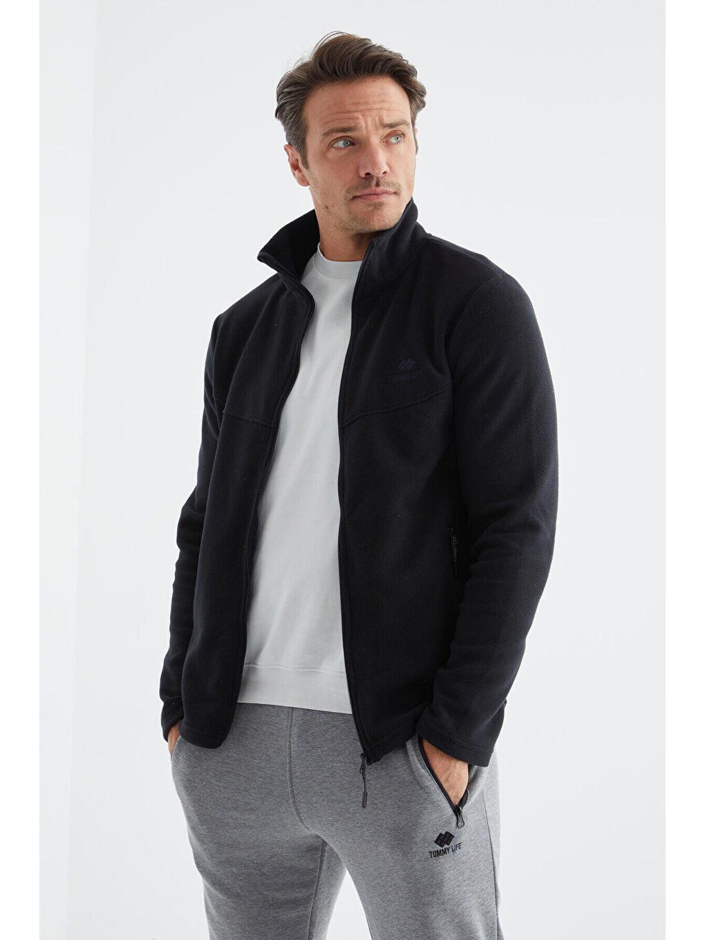 Lacivert  Dik Yaka Standart Kalıp  Erkek Fermuarlı Sweatshirt Hırka Polar - 88134-2