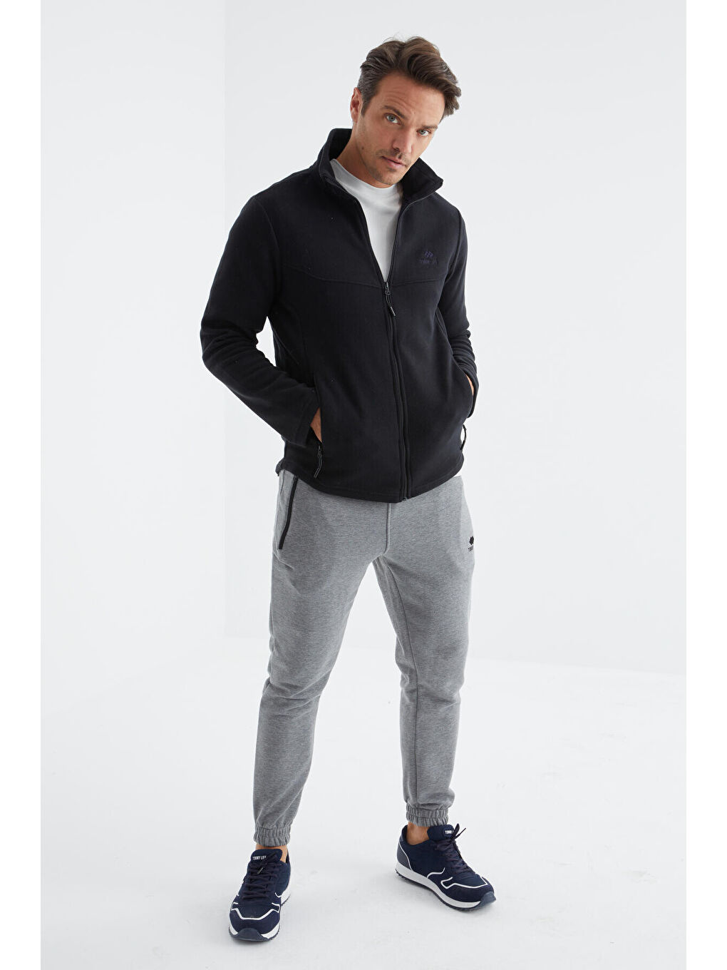 Lacivert  Dik Yaka Standart Kalıp  Erkek Fermuarlı Sweatshirt Hırka Polar - 88134-3