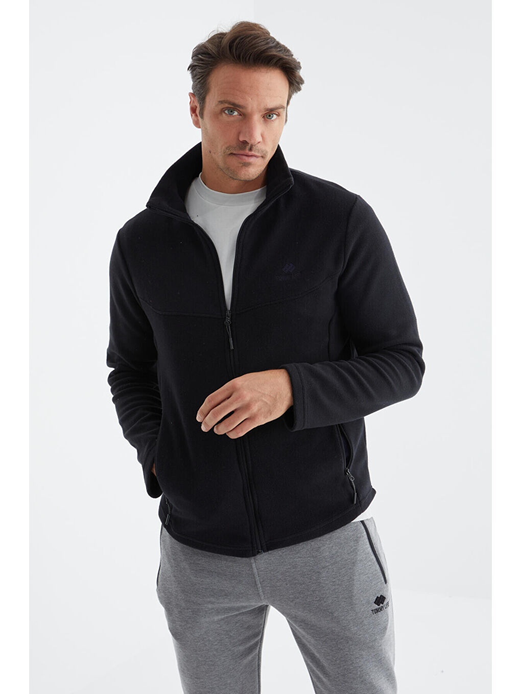 Lacivert  Dik Yaka Standart Kalıp  Erkek Fermuarlı Sweatshirt Hırka Polar - 88134-4