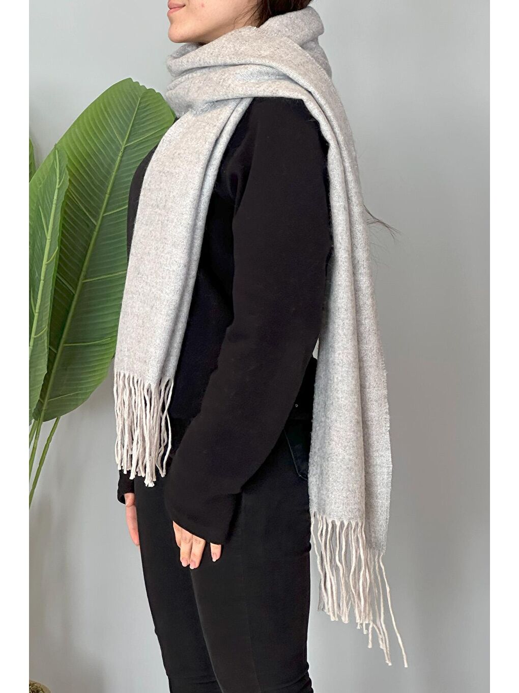 Püsküllü Buklet Atkı Şal 45X200 cm 1285 Gri-2